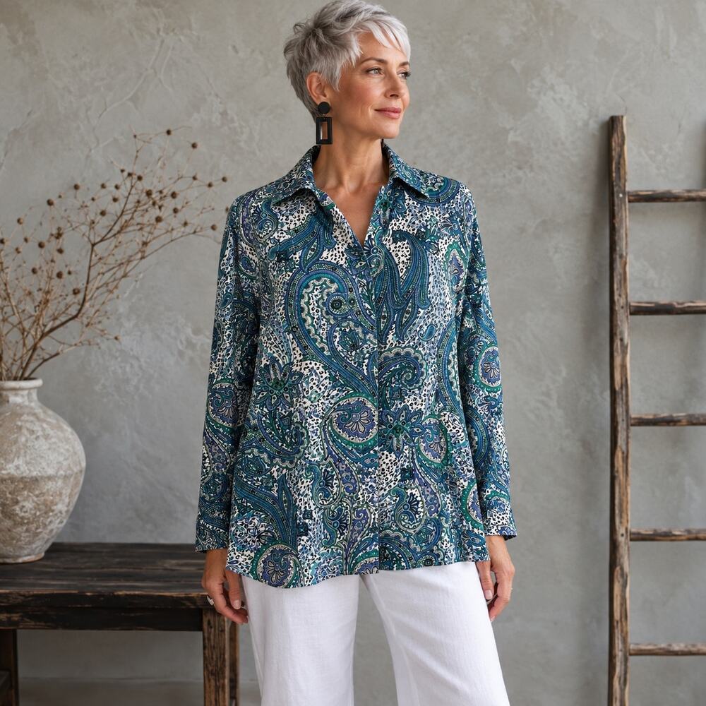 Chico's Blue Green paisley Long Sleeve No Iron  Button Down Shirt 2